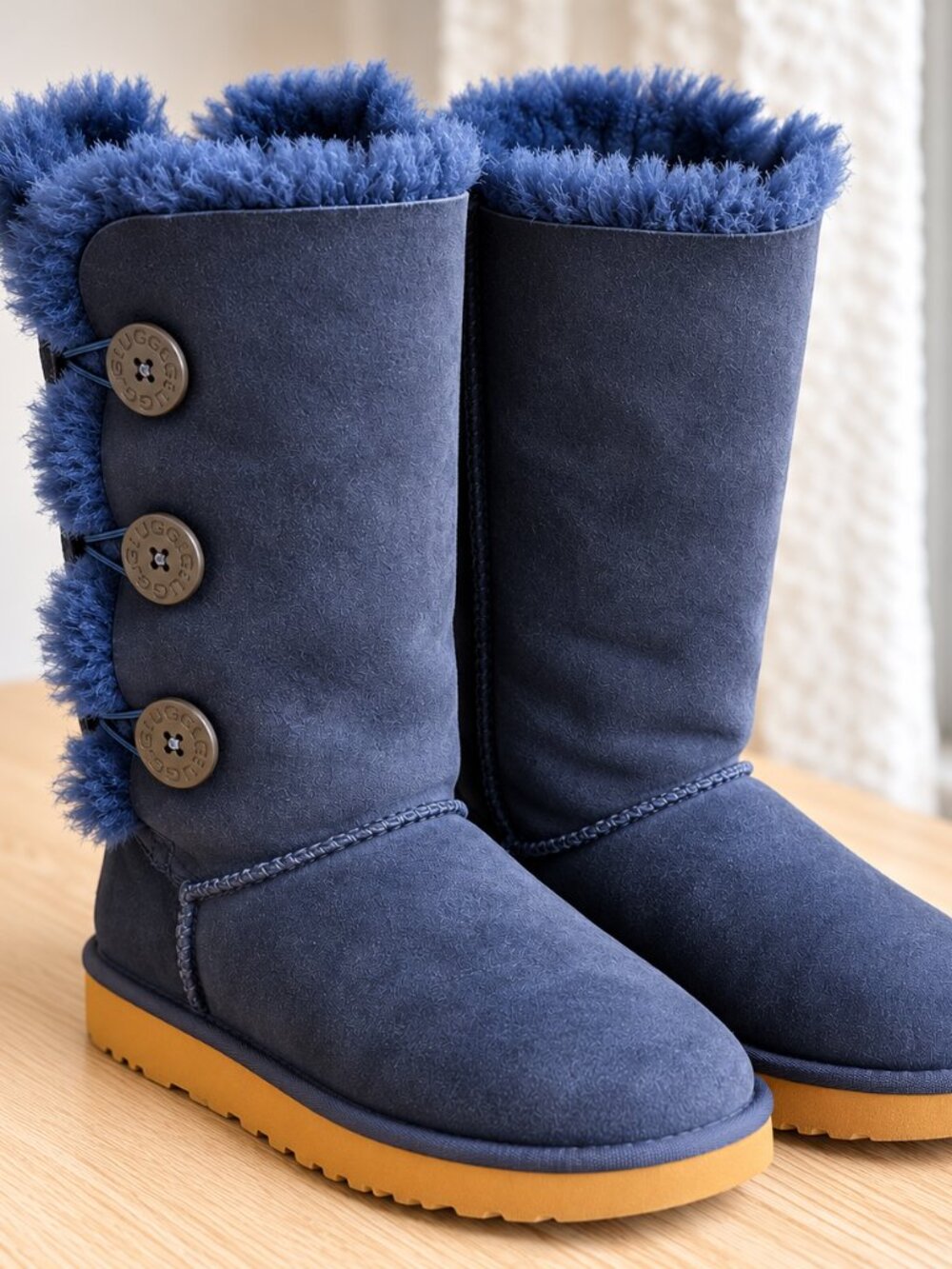 UGG Bailey Button Triplet Tall Boots Women's 8 Navy Blue Suede Shearling